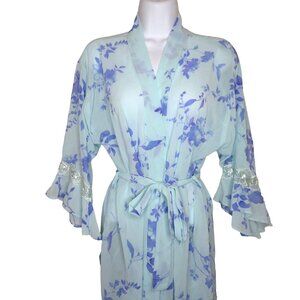 LA Intimates Knee Length Sheer Robe M Blue Lavender Floral Ruffled Lace Sleeve